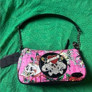 Ed Hardy Pink Floral Skull Shoulder Bag